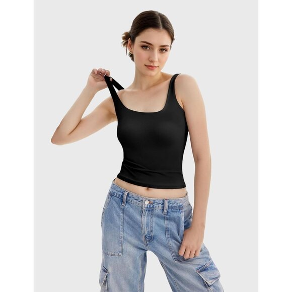 Alljoin Women Black Double Lined Square Neck Sleeveless Tank Top For Workout Gym - Picture 2 of 7